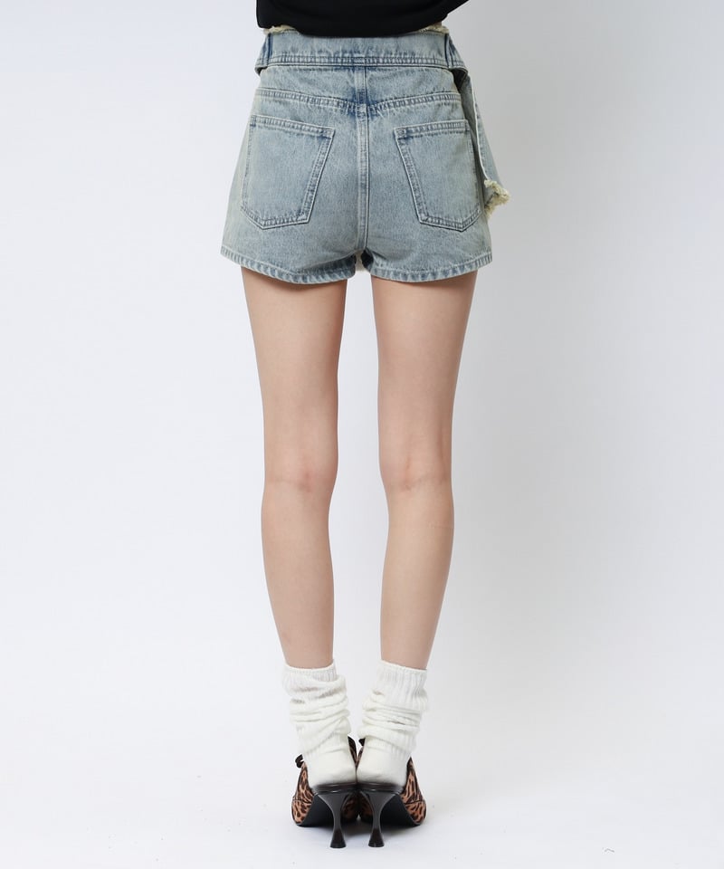ベルトプリーツデザインショートパンツ デニムブルー S