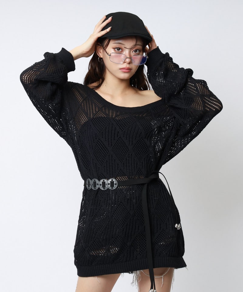 透かし編みベルト付きワンショルニット ブラウン F