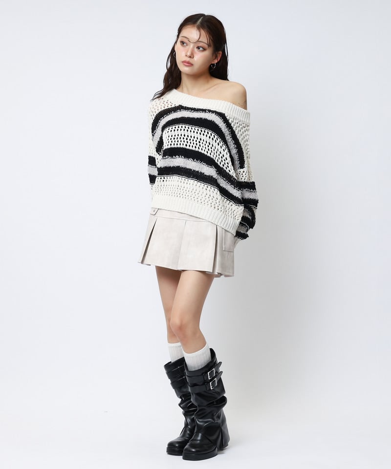 ボーダー透かし編みショートニット ブルー F