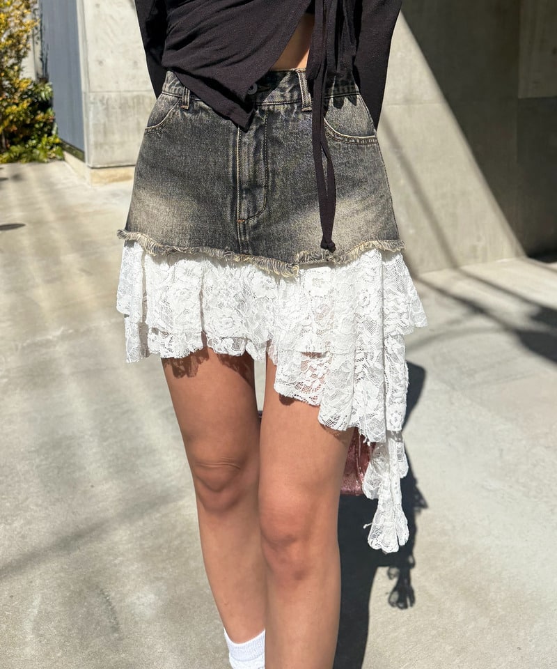 レースドッキングデニムスカート ブラックデニム F