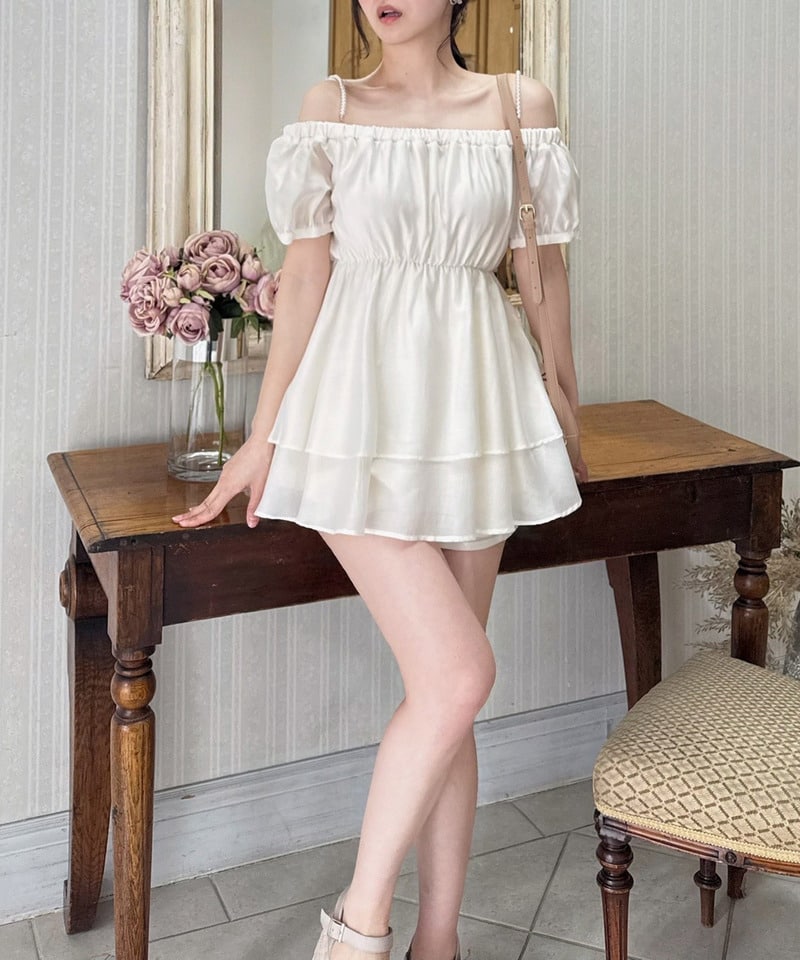 パールストラップラッフルブラウスセットアップ グリーン F