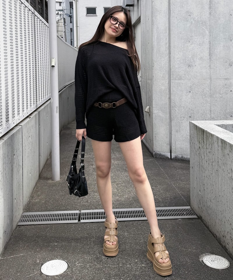 ボーダーオフショルトップス×ショートパンツ ボーダー F