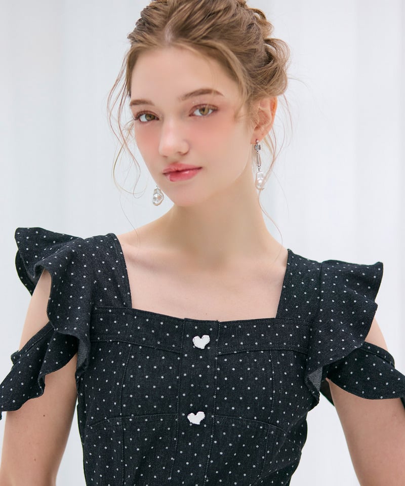 ハートボタンラッフルスリーブドットワンピース デニムブルー F