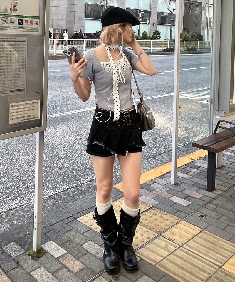 ドット柄チョーカーレイヤードトップス グレー F