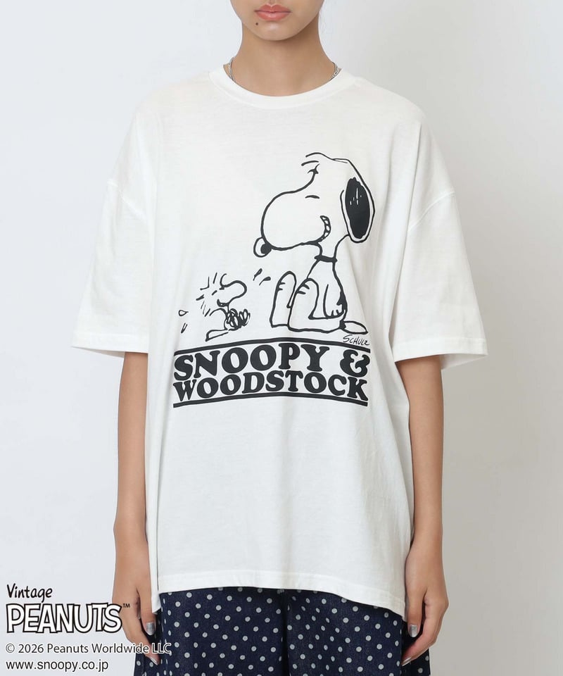 【PEANUTS/SNOOPY&WOODSTOCK】スヌーピー＆ウッドストックＴシャツ ホワイト F