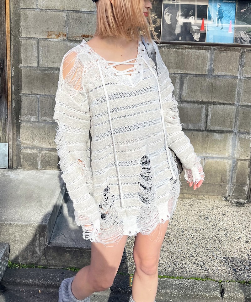 レースアップオーバーニット ボーダー F