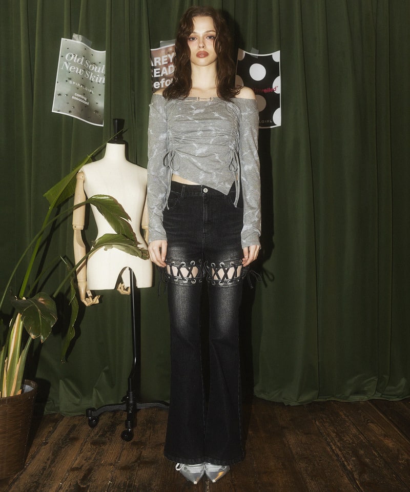 レースアップサイドカットフレアパンツ ブルー S