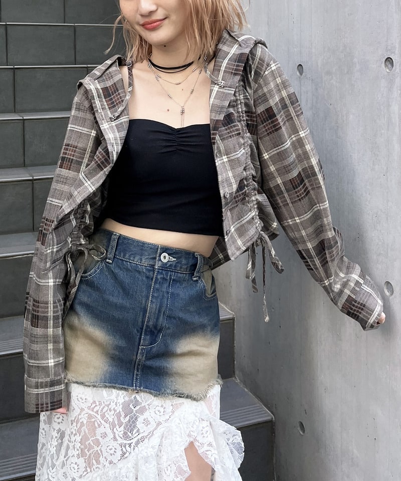 フード付きチェックトップス ベージュ F