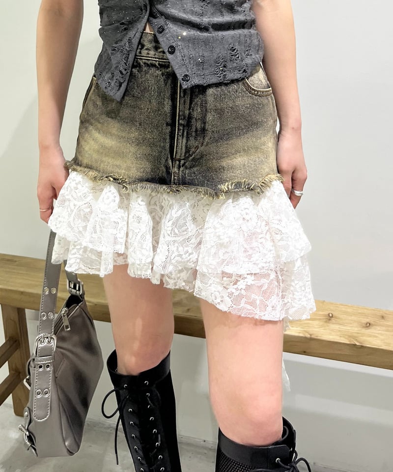 レースドッキングデニムスカート ブラックデニム F