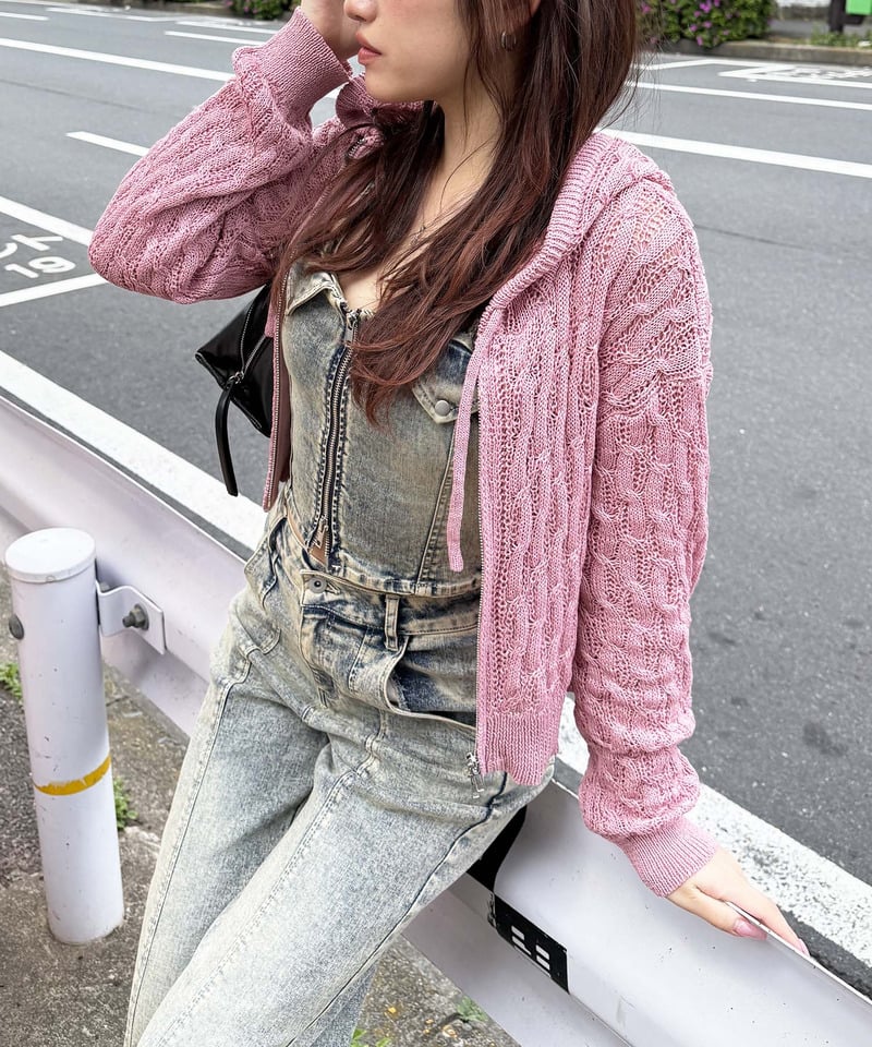 透かし編みダブルジップニットパーカー ホワイト F