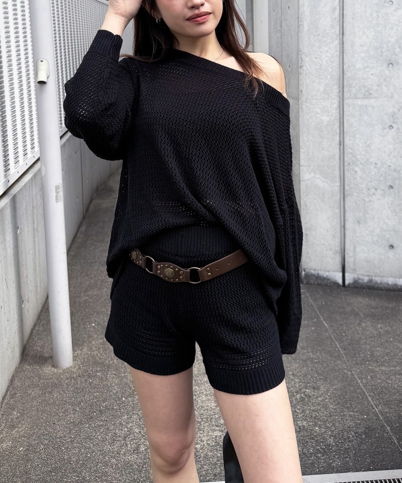 ボーダーオフショルトップス×ショートパンツ ボーダー F