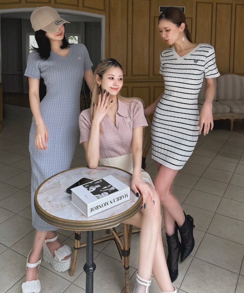 【ONLINE限定カラーあり】ロゴ刺しゅうケーブルニットミニワンピース ボーダー F