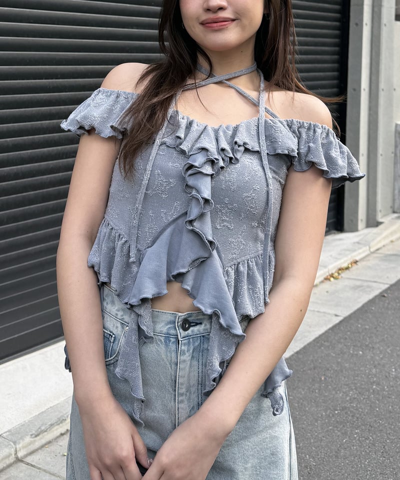 オフショルラメラッフルトップス ホワイト F