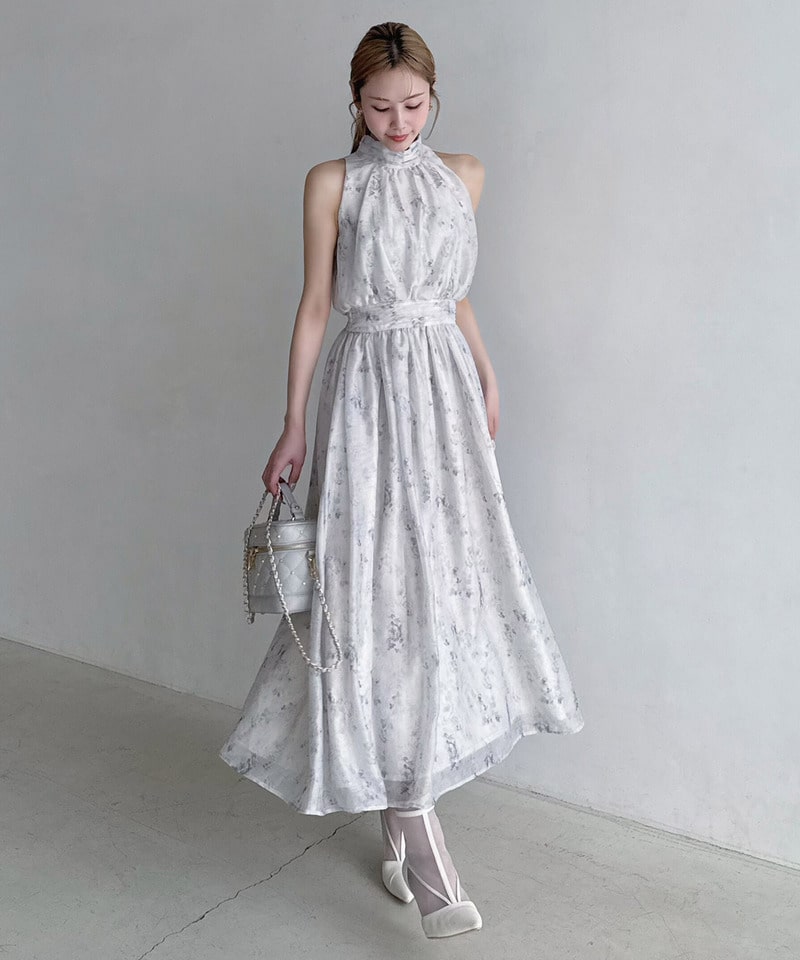 ニュアンスフラワーアメスリロングワンピース ブルー F
