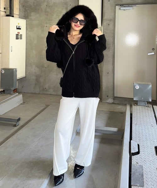 ぽんぽん付きケーブル編みZIPニットパーカーワンピース ブラウン F