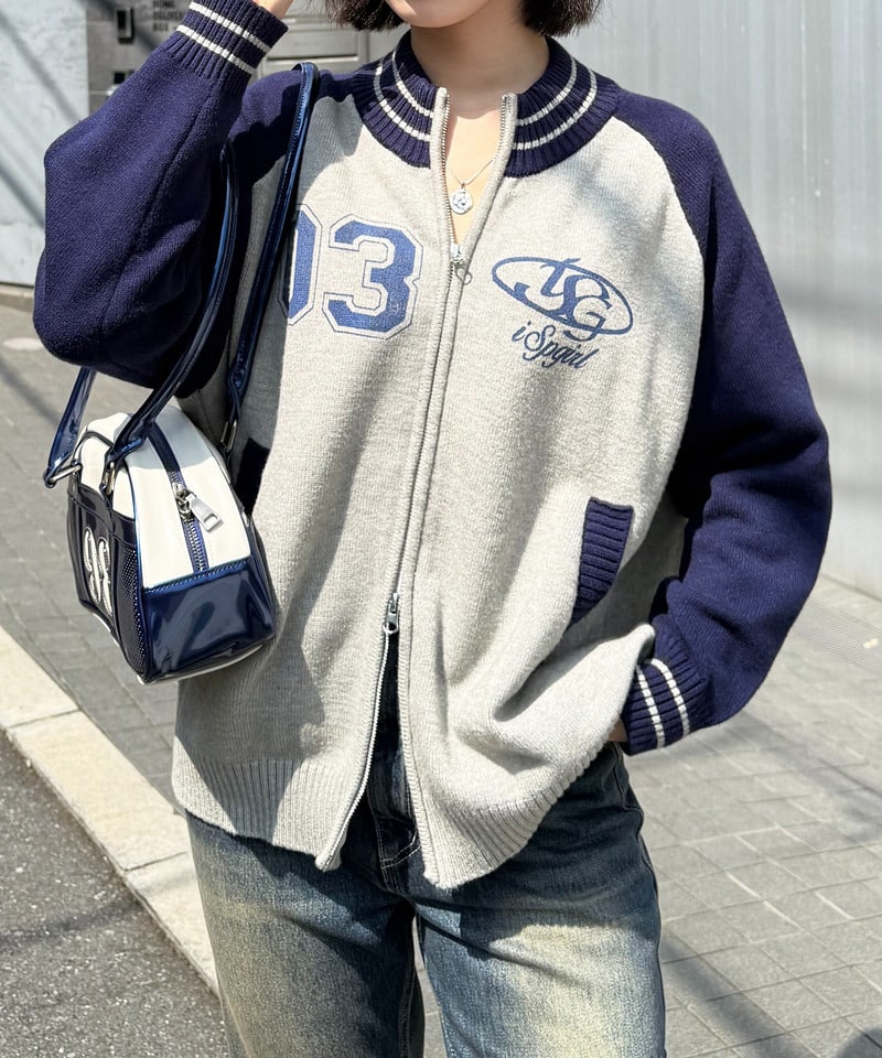 【iScreamコラボ】ナンバリングZIPニットカーディガン レッド F