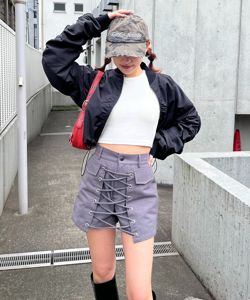 ラップ付きレースアップショートパンツ ブラック F