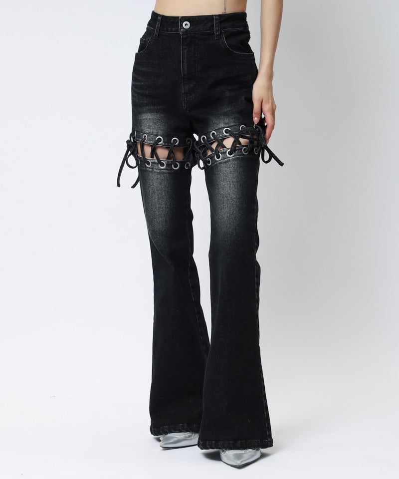 レースアップサイドカットフレアパンツ ブルー S