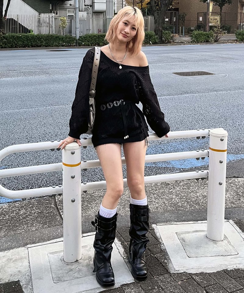 透かし編みベルト付きワンショルニット ブラウン F