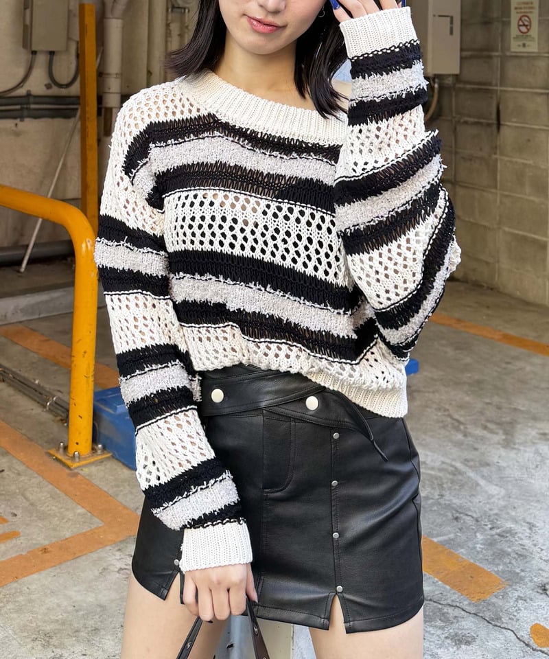 ボーダー透かし編みショートニット ブルー F