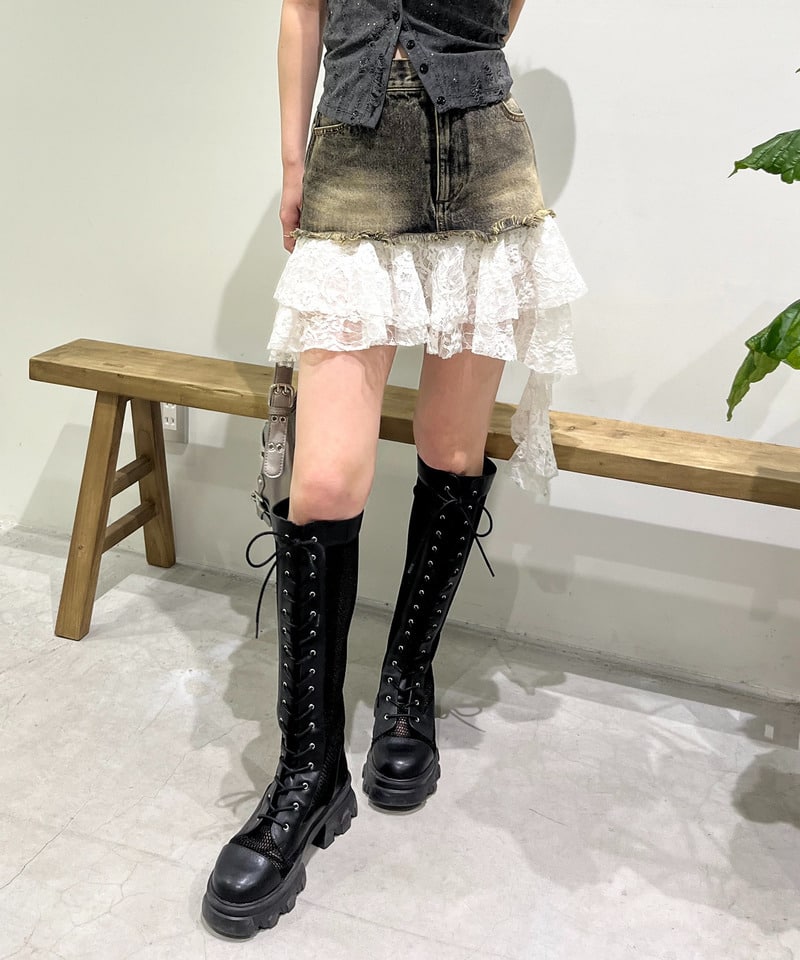 レースドッキングデニムスカート ブラックデニム F