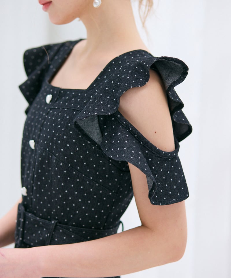 ハートボタンラッフルスリーブドットワンピース デニムブルー F