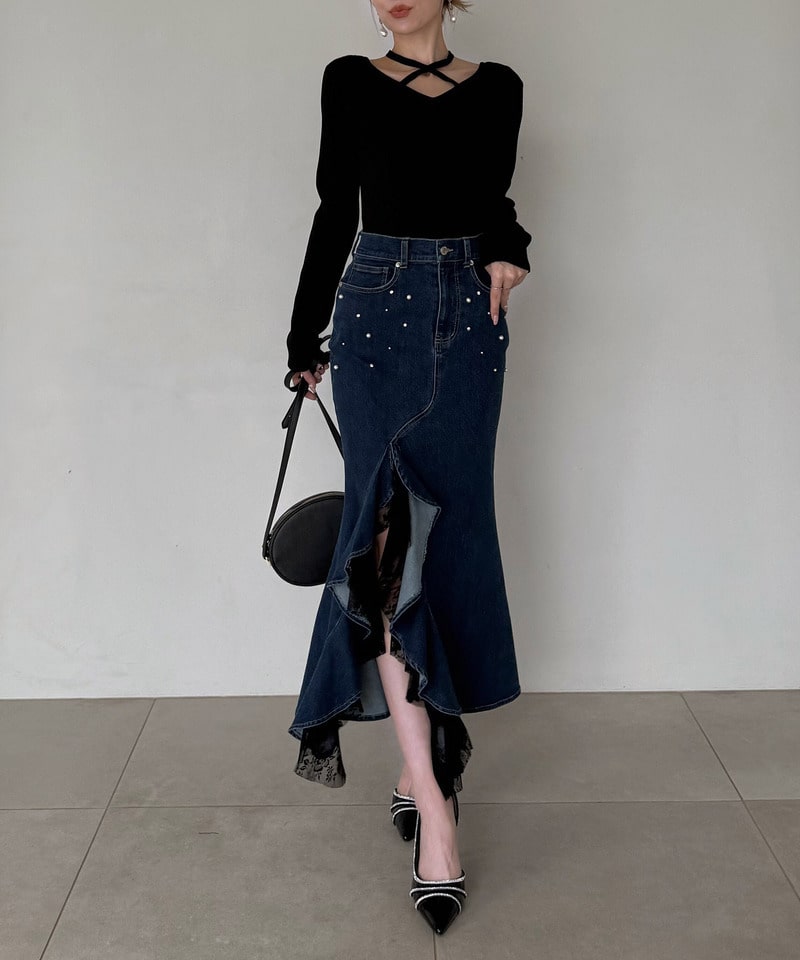 liberty デニムラッフルスリットスカート ブリーチ F