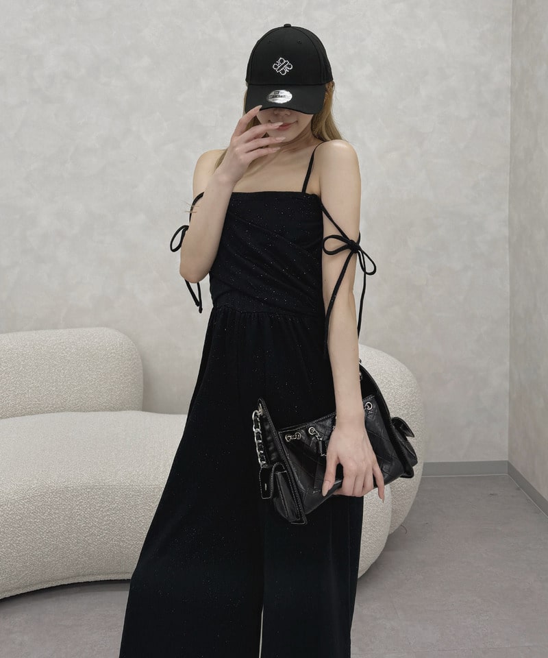ラメ裏毛カシュクールベアオールインワン ブラック F