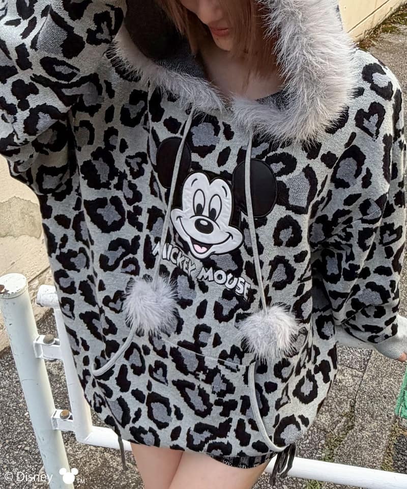 【Disney/ディズニー/ミッキーマウス】レオパードニットフーディー ブラック F