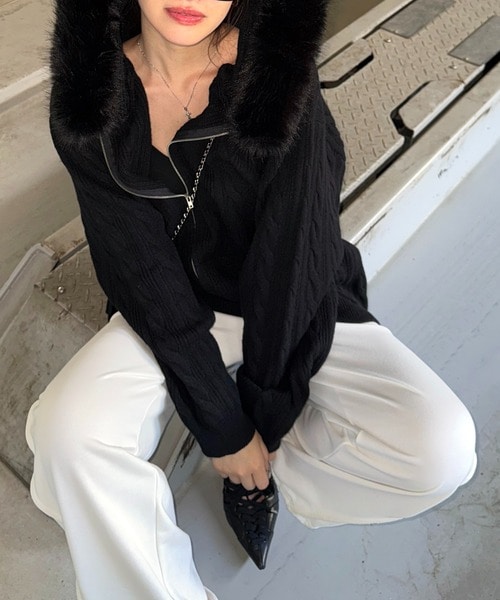 ぽんぽん付きケーブル編みZIPニットパーカーワンピース ブラウン F