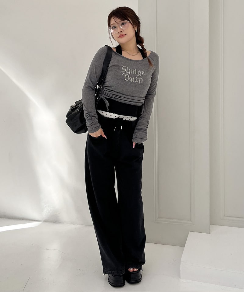 ラインストーンロゴアンサンブルトップス カーキ系 F