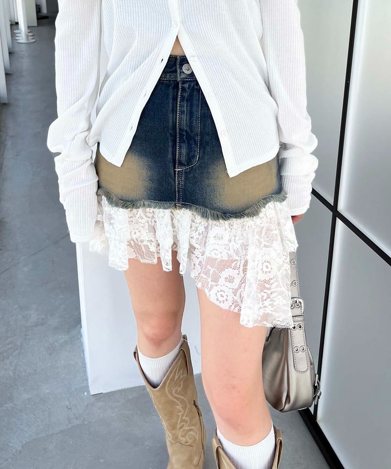 レースドッキングデニムスカート ブラックデニム F