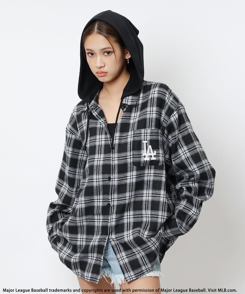 【MLB】チェックシャツフーディー ブラウン系 F