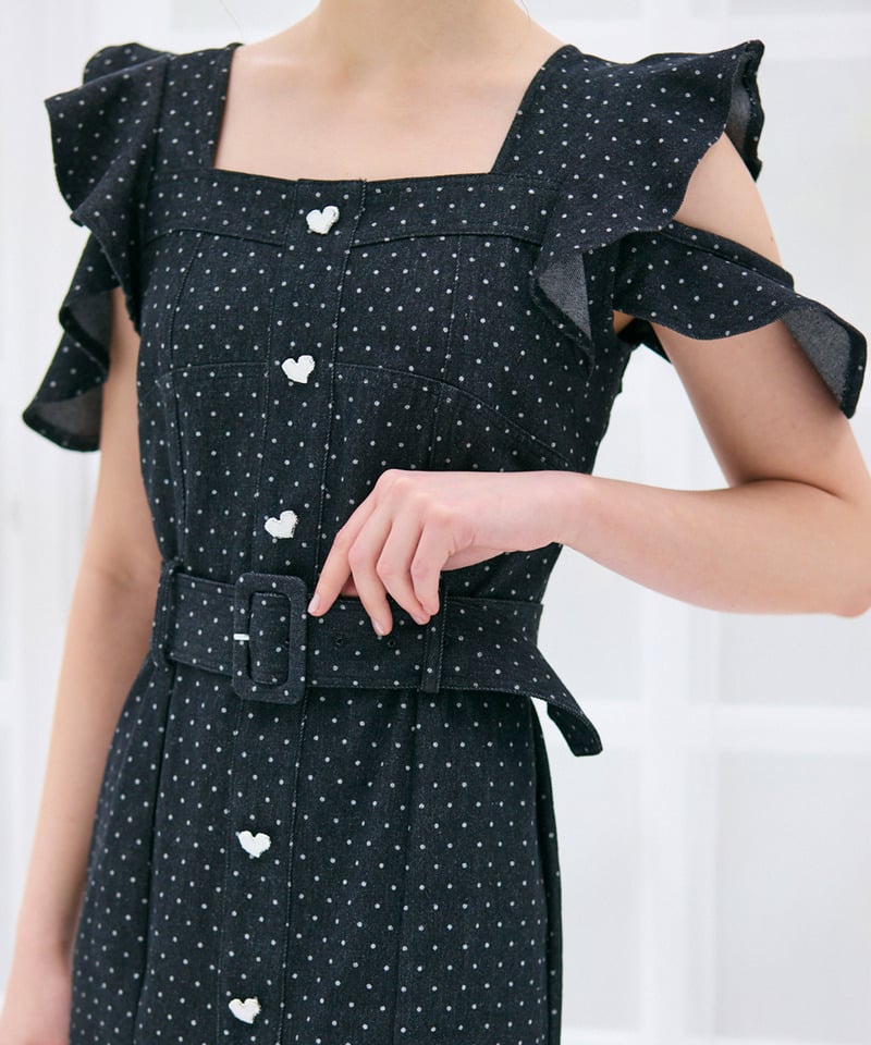 ハートボタンラッフルスリーブドットワンピース デニムブルー F