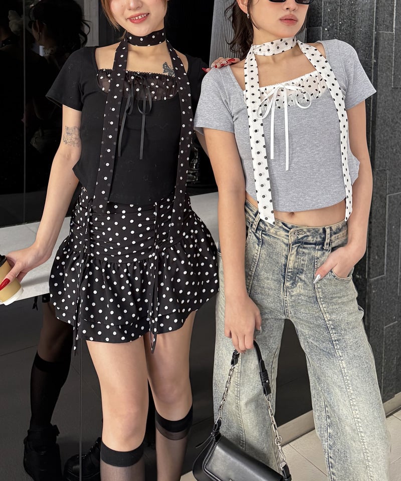 ドット柄チョーカーレイヤードトップス グレー F