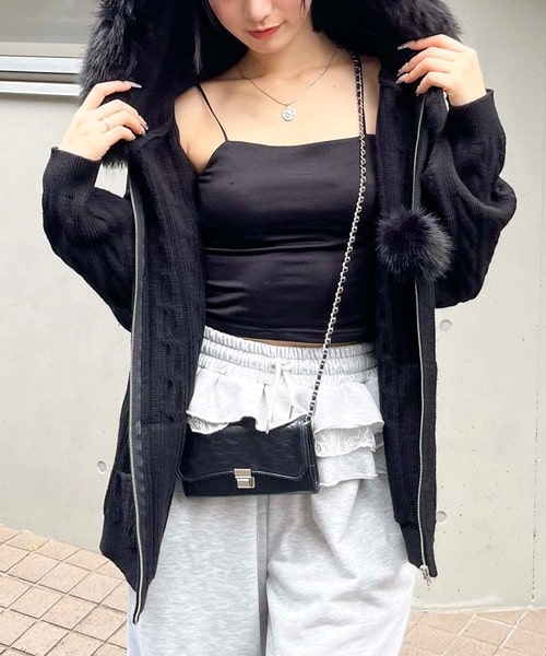 ぽんぽん付きケーブル編みZIPニットパーカーワンピース ブラウン F