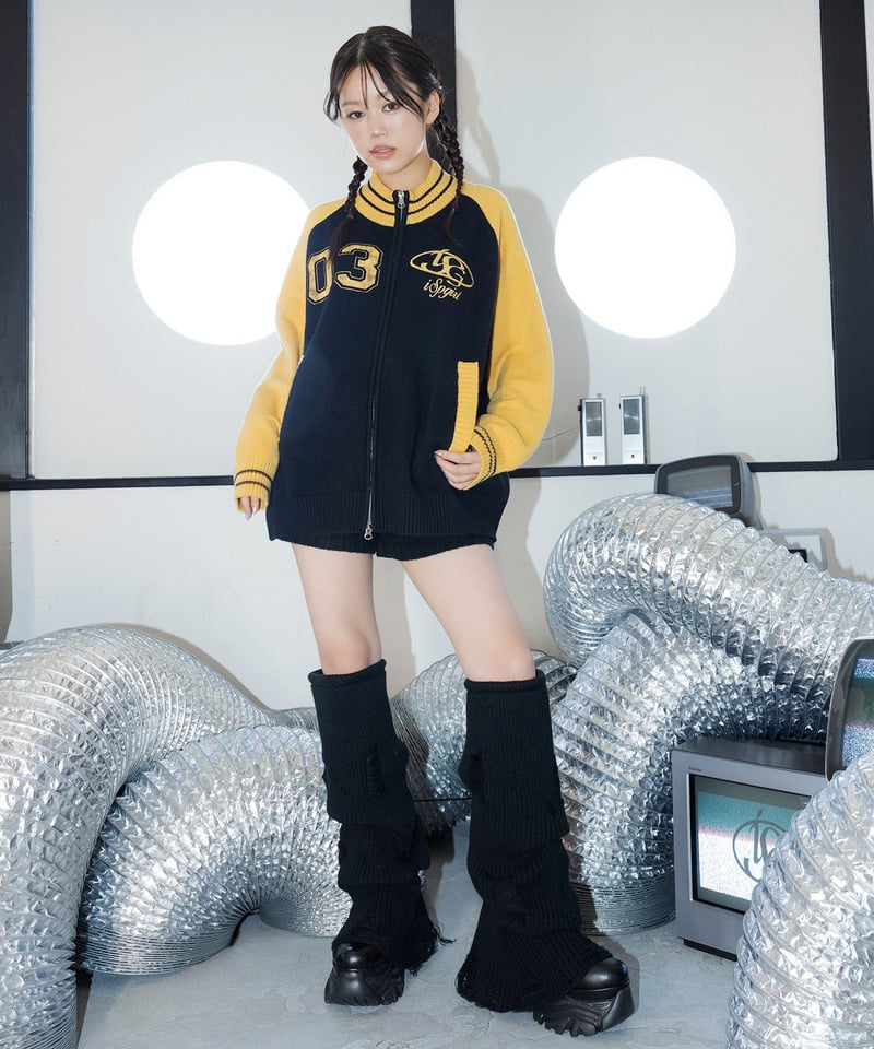 【iScreamコラボ】ナンバリングZIPニットカーディガン レッド F