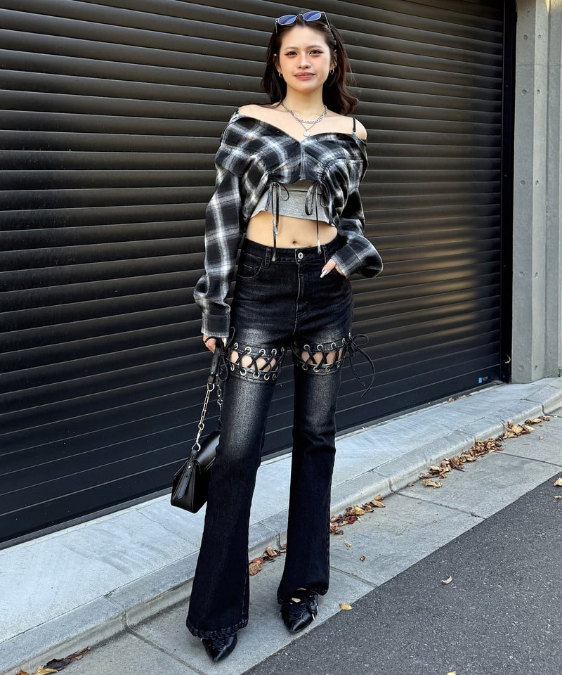 フード付きチェックトップス ベージュ F