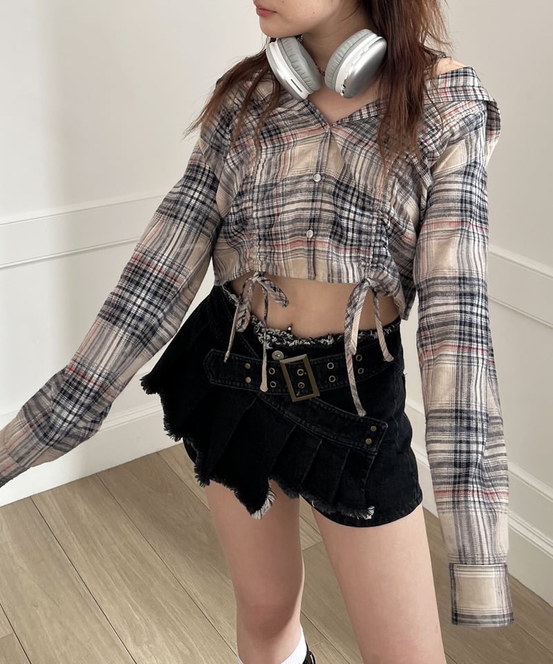 ベルトプリーツデザインショートパンツ デニムブルー S