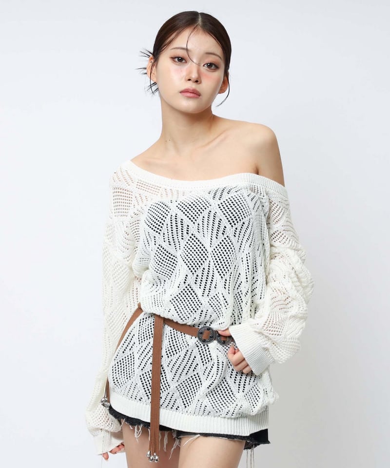 透かし編みベルト付きワンショルニット ブラウン F