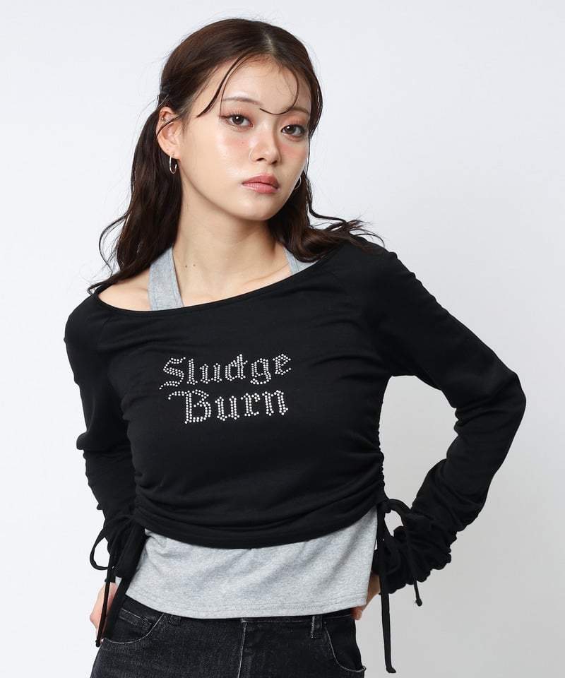 ラインストーンロゴアンサンブルトップス カーキ系 F