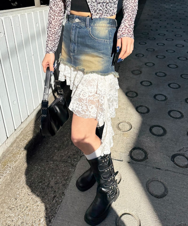 レースドッキングデニムスカート ブラックデニム F