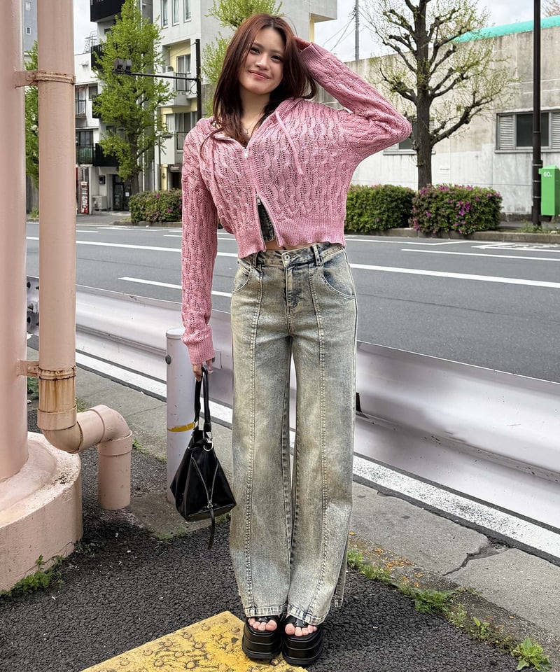 透かし編みダブルジップニットパーカー ホワイト F