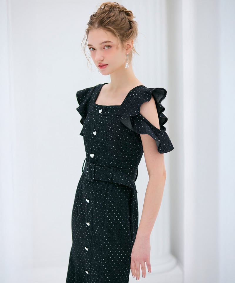 ハートボタンラッフルスリーブドットワンピース デニムブルー F