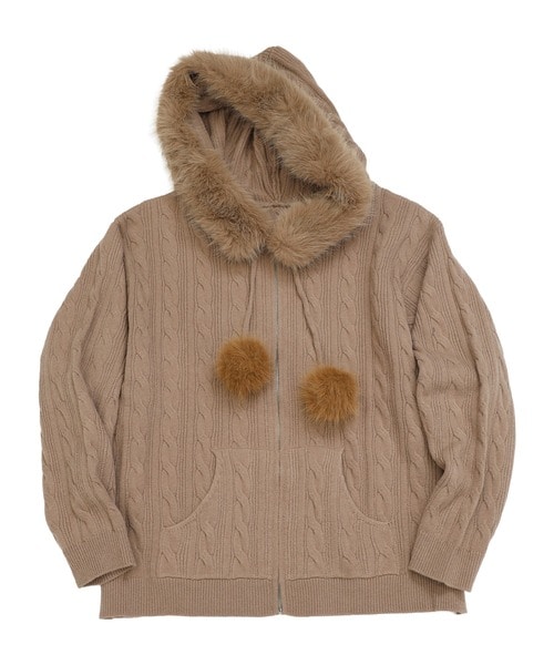 ぽんぽん付きケーブル編みZIPニットパーカーワンピース ブラウン F