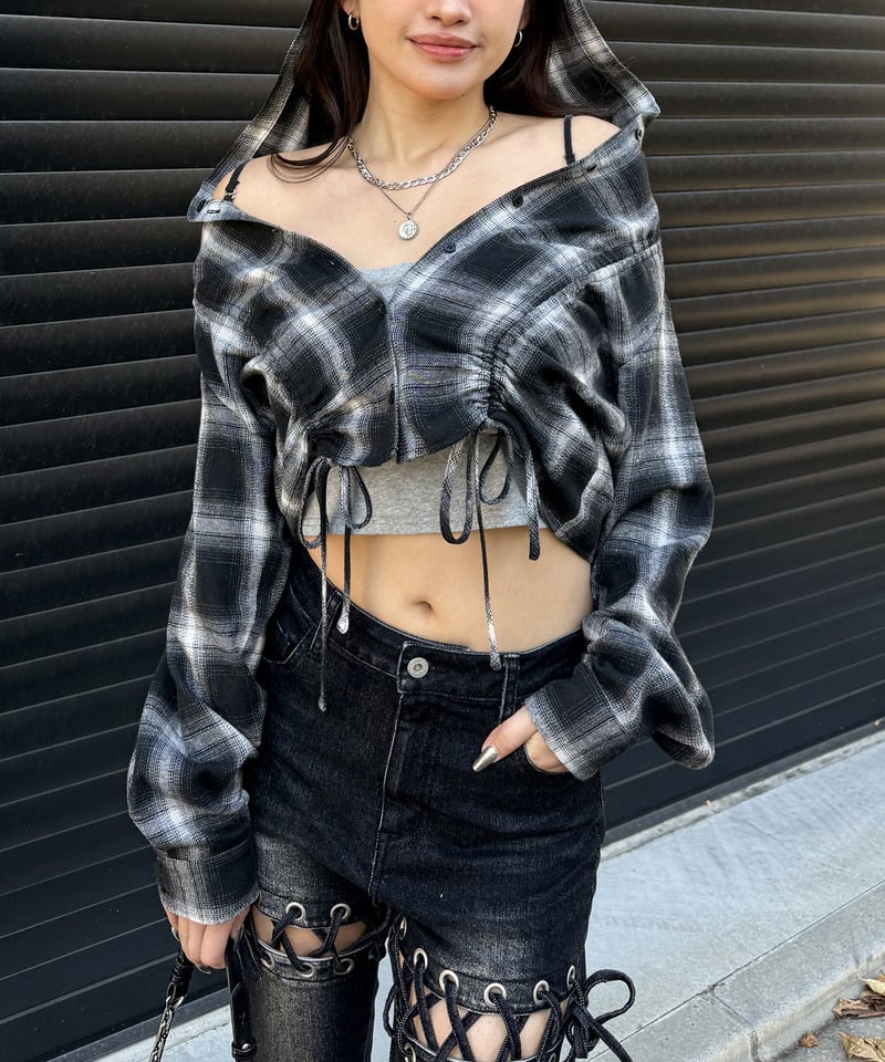 フード付きチェックトップス ベージュ F