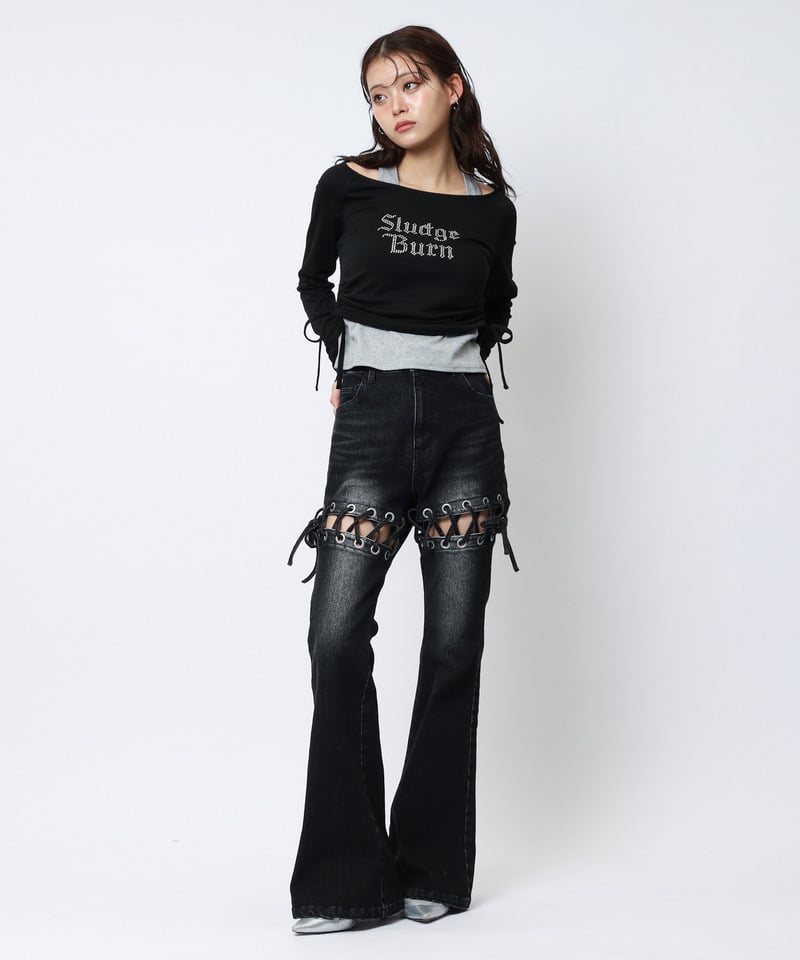 ラインストーンロゴアンサンブルトップス カーキ系 F