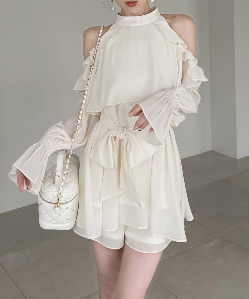 【ONLINE限定カラーあり】リボン付コールドショルダーブラウスセットアップ その他 F