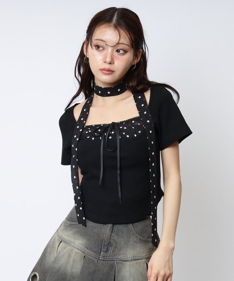 ドット柄チョーカーレイヤードトップス グレー F