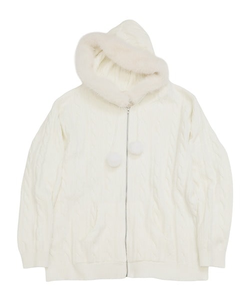 ぽんぽん付きケーブル編みZIPニットパーカーワンピース ブラウン F